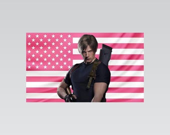 Tapiz con la bandera estadounidense rosa de Leon S. Kennedy – Arte de pared de Resident Evil / Bandera rosa estética / Decoración para fans de los videojuegos / Regalo para una habitación de terror