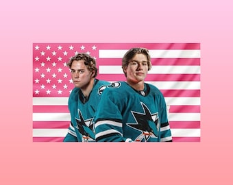 Macklin Celebrini & Will Smith Pink American Flag Tapestry – Hockey Duo Wall Art | NHL Fan Decor | Aesthetic Pink Flag | Sports Room Gift