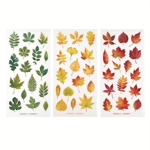 May include: Three vertical sticker sheets featuring watercolour-style illustrations of leaves. The first sheet displays green leaves, the second yellow and orange leaves, and the third red and brown leaves. Each sheet includes the text MOONLIT MOMENT.