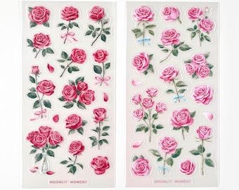 Cartelas de adesivos de rosas | Adesivos transparentes foscos resistentes à água | Rosa vintage | Rosa vermelha | Rosa rosa | Adesivos florais | Decoração para presentes