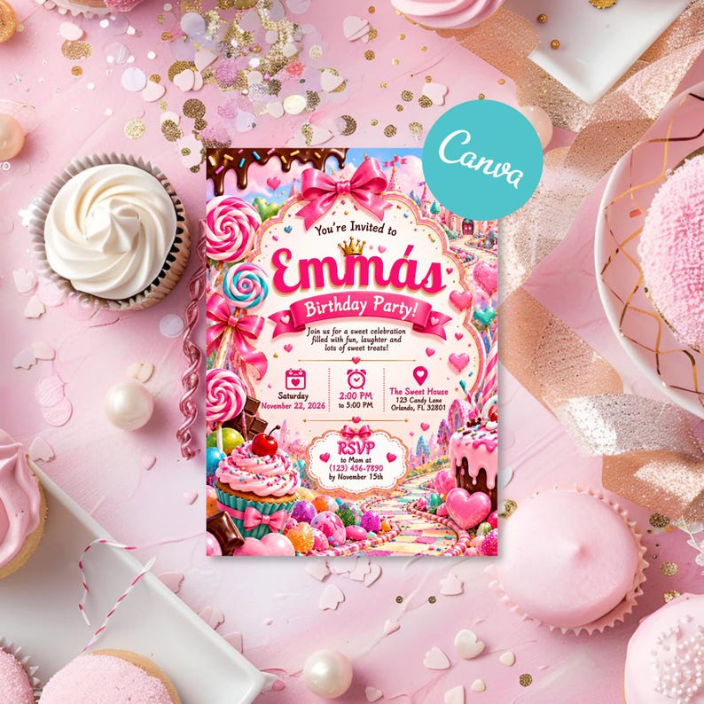 Candyland Birthday Invitation, Sweet Shop Candy Party Invite, Pink ...
