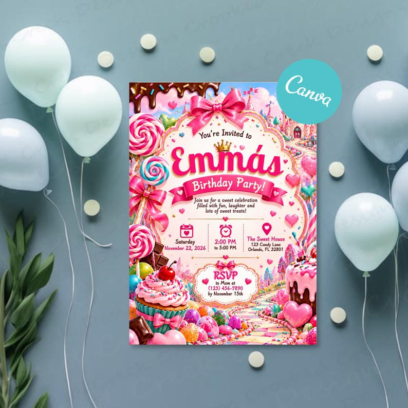 Candyland Birthday Invitation, Sweet Shop Candy Party Invite, Pink ...