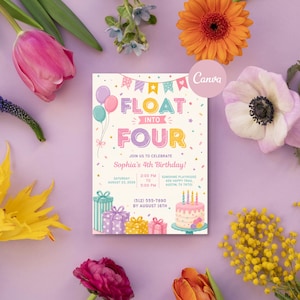 Float Into Four Pool Party Invitation Template, 4th Birthday Pool Party Invite, Editable Canva Watercolor Birthday Invite