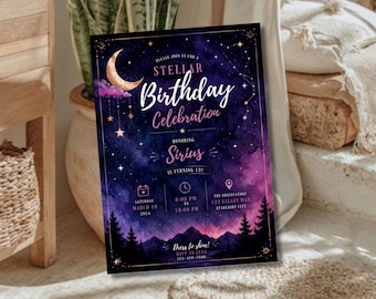 Under the Stars Birthday Invitation, Galaxy Space Party Invite, Editable Celestial Canva Birthday Template
