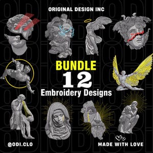 May include: A bundle of 12 embroidery designs featuring classical sculptures and figures. The designs include a brain, a Medusa head, an angel, and a figure with yellow wings. The text "BUNDLE 12 Embroidery Designs" is also visible.