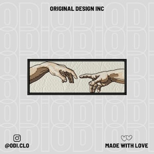May include: Embroidered patch featuring a detailed depiction of Michelangelo's 'The Creation of Adam' from the Sistine Chapel ceiling. The patch shows two hands nearly touching, with a black border and the text 'ORIGINAL DESIGN INC'.