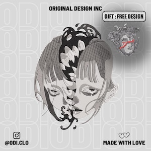 May include: An embroidery design featuring a split-face character with black hair and a central black and white spine-like element. Includes text ORIGINAL DESIGN INC, GIFT: FREE DESIGN, @ODI.CLO, and MADE WITH LOVE, plus a small Medusa head icon.