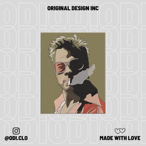 Op de afbeelding: Geborduurd portret van een man met een zonnebril en een sigaret. De afbeelding is in een lijntekeningstijl met een rode jas en een lichtgroene achtergrond. De tekst bovenaan luidt "ORIGINAL DESIGN INC". De Instagram-handle @odi.clo staat onderaan.