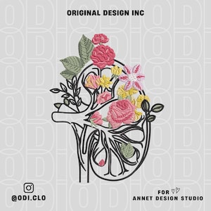 May include: A black line art design of a kidney filled with colorful flowers, including pink roses and yellow blossoms. The image has the text "ORIGINAL DESIGN INC" at the top and "@odi.clo" and "FOR ANNET DESIGN STUDIO" at the bottom.
