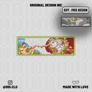 May include: A rectangular embroidery patch featuring a detailed recreation of The Creation of Adam. The design displays two figures reaching toward each other against a background of blue sky and red fabric, framed by a thin light green border.