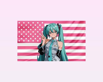 Arazzo di Hatsune Miku con bandiera americana rosa – Decorazione murale anime Vocaloid / Decorazione per fan otaku / Bandiera rosa estetica / Regalo per amanti degli anime