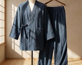 Men’s Japanese Cotton Kimono – Yukata Lounge Set, Haori Pajamas, Meditation Wear, Plus Size Gift