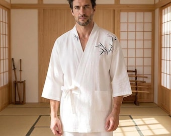 Mens Cotton Kimono Robe, Lightweight Embroidered Yukata Set, Japanese Style Pajama Gift for Him