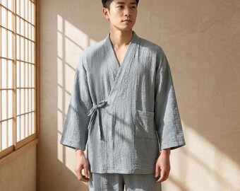 Japanese Style Cotton Kimono for Men, Soft Lounge Wear, V-Neck Homewear Gift