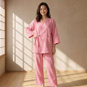 Katoenen kimonobadjas met broek, lichtgewicht yukata-loungewear, zachte katoenen kamerjas, grote maat pyjama cadeau voor haar