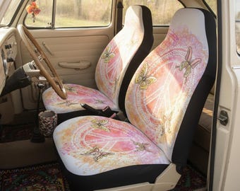 Peace Sign Butterfly Seat Covers | Watercolor Boho Car Accessories | Universal Vehicle Interior