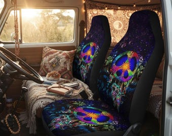 Housses de siège d'auto attrape-rêves signe de la paix | Intérieur de voiture hippie vibrant | Décoration de véhicule bohème psychédélique