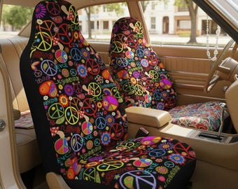 Fundas para asientos de coche con estampado floral y símbolo de la paz / Estilo hippie / Interior multicolor del vehículo