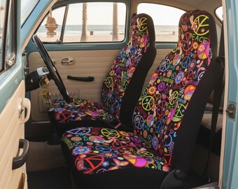 Fundas para asientos de coche con el símbolo de la paz / Accesorios hippies coloridos para el coche / Ajuste universal para asientos delanteros