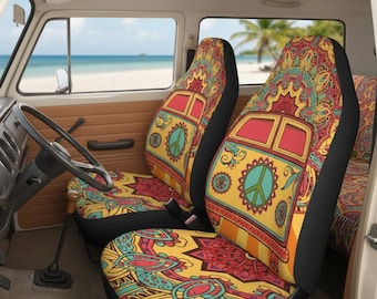 Hippie Van Seat Covers | Psychedelic Peace Sign Print | Bohemian Car Interior Decor