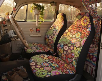 Hippie Flower Power Car Seat Covers | Groovy Boho Auto Accessories | Peace Sign Vehicle Interior