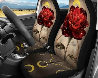 Siège d'auto Moon rouge or rose | Décoration florale gothique pour véhicule | Protecteurs de siège de voiture mystiques