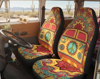 Hippie Van Peace Sign Car Seat Covers | Psychedelic Mandala Auto Decor | Universal Vehicle Interior