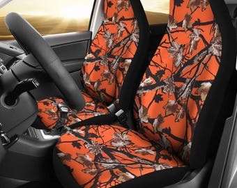 Orange Camo Seat Covers | Hunting Tree Pattern Car Accessories | Front Bucket Seat Protectors for Trucks SUVs