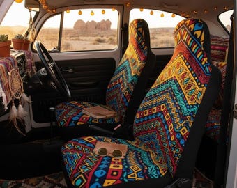 Stoelhoezen met Azteeks tribale patronen | Kleurrijke geometrische autoaccessoires | Stoelbeschermers voorin in boho-stijl