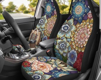 Fundas para asientos de coche con diseño de mandala floral / Protector de coche estilo boho colorido / Interior universal del vehículo