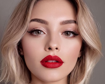 Op de afbeelding: Een portret van een persoon met schouderlang blond haar, lichtbruine ogen en gedefinieerde wenkbrauwen. Het gezicht is voorzien van zwarte eyeliner, subtiele oogschaduw en een levendige matte rode lippenstift op de lippen.