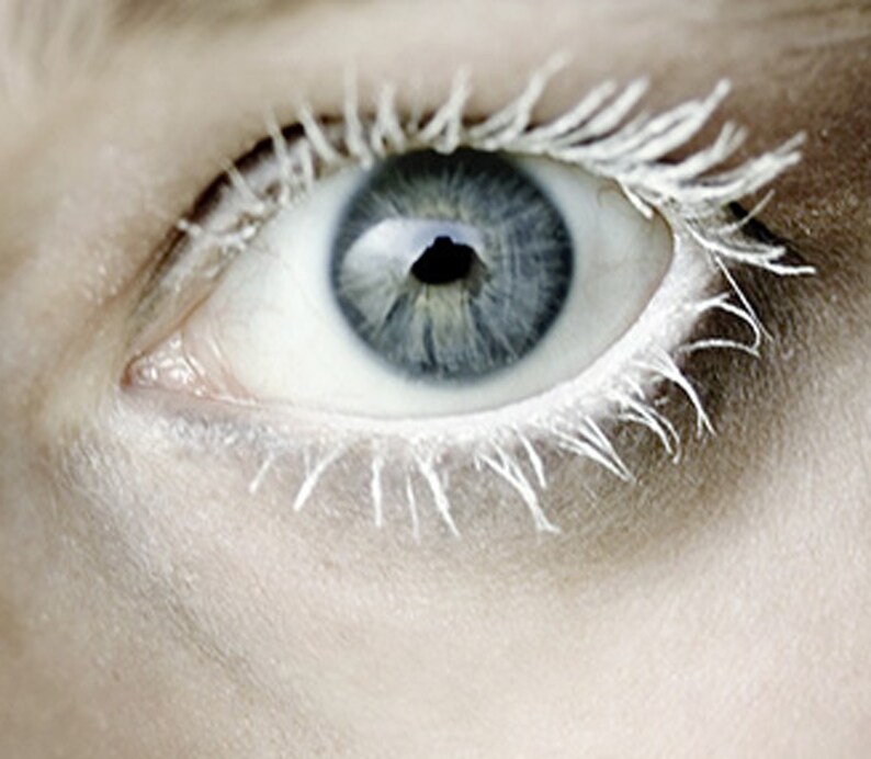 May include: Close-up of a human eye with a light blue iris and white eyelashes. The eye is open, with the pupil appearing black. The skin around the eye is pale, creating a stark contrast with the eye's colors. The image has a soft focus.