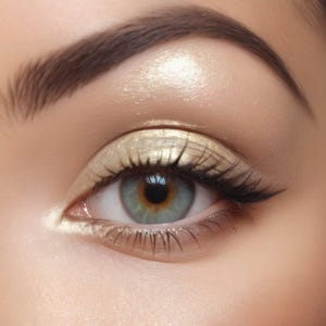 Pode incluir: Um close-up de um olho com sombra dourada cintilante aplicada na pálpebra, combinada com sobrancelhas castanho-escuras, delineador preto definido ao longo da linha dos cílios superiores e cílios longos e escuros emoldurando uma íris azul-cinza.