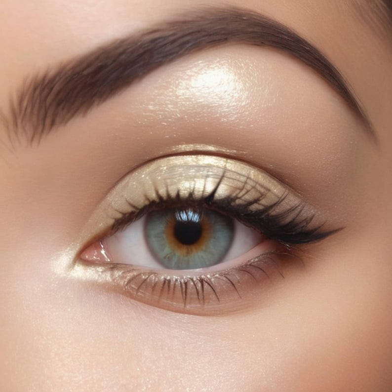 A close-up of an eye with a striking combination of gold and blue eye makeup, highlighting the eye's natural beauty.