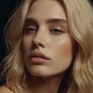 Puede incluir: Retrato en primer plano de una persona con piel clara, ojos azules y cabello rubio ondulado. La persona tiene labios carnosos y cejas bien definidas. La iluminación resalta los rasgos faciales, creando una apariencia suave y natural.