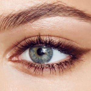 Può includere: Un primo piano di un occhio umano con iride blu-verde, sopracciglio marrone scuro e lunghe ciglia scure. La palpebra presenta una sottile applicazione di ombretto marrone con un tratto sottile di eyeliner alato sull'angolo esterno.