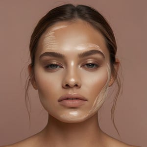 May include: A close-up portrait of a person with flawless skin, showcasing expertly applied makeup. The skin has a radiant glow, with highlights accentuating the cheekbones and brow bone. A light-coloured product is applied to the forehead and cheek.