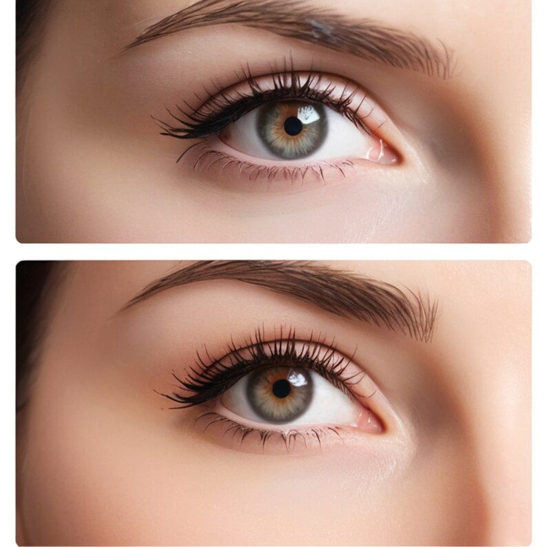 May include: Two close-up images of a human eye, showcasing the eye's details. The eye has a light green iris with a dark brown center. Long, black eyelashes frame the eye, and a well-defined eyebrow sits above.