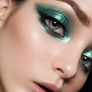 Könnte beinhalten: Nahaufnahme eines Auges mit leuchtend grünem Lidschatten und langen, dunklen Wimpern. Das Augen-Make-up hat ein metallisches Finish und bildet einen auffälligen Kontrast zur Haut. Die Augenbrauen sind gepflegt und die Lippen haben eine weiche, natürliche Farbe. Der Gesamteindruck ist glamourös.