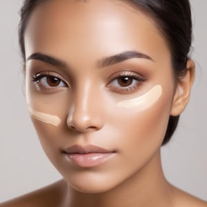 Peut inclure: Gros plan sur un visage maquillé. Des touches de fond de teint sont visibles sur la joue et sous l'œil. La personne a les yeux bruns et les cheveux foncés.