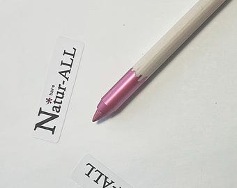 May include: A pink metallic eyeliner pencil with a white wooden barrel. The pencil is angled towards the tip, showing the pink color. The text "bare Natur-ALL" is printed on a white label.