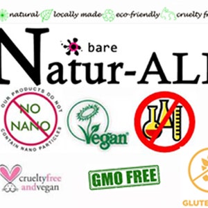 May include: The image features the text "Natur-ALL" in a bold, black font, with several supporting icons. These include "No Nano," "Vegan," "Cruelty-free and Vegan," "GMO FREE," and "Gluten Free." Additional text indicates the products are natural, locally made, and eco-friendly.