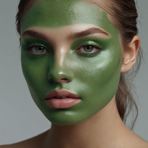 May include: A face covered in a smooth, glossy, vibrant green facial mask. The mask covers the forehead, cheeks, nose, and chin, leaving the eyes and lips exposed. The texture appears wet and uniform, highlighting the facial contours clearly.