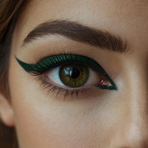 Op de afbeelding: Close-up van een oog met donkergroene eyeliner. Het oog heeft een lichtbruine iris met een donkere pupil en lange, donkere wimpers. De wenkbrauw is een middellange bruine kleur. De huid rond het oog is lichtbeige van kleur.