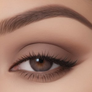 Op de afbeelding: Close-up van een oog met neutrale oogschaduw en een gedefinieerde wenkbrauw. Het oog heeft een bruine iris, donkere wimpers en een subtiele eyeliner. De make-up is in bruin- en beigetinten.