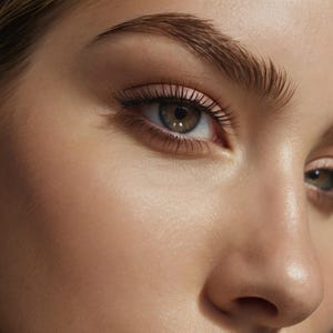May include: Close-up of a person's eye, showcasing long eyelashes and a defined eyebrow. The eye is a light brown color, with a hint of green. The skin has a smooth, healthy appearance, with soft lighting and shadows.