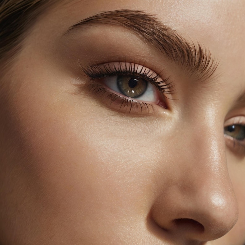 May include: Close-up of a person's eye, showcasing long eyelashes and a defined eyebrow. The eye is a light brown color, with a hint of green. The skin has a smooth, healthy appearance, with soft lighting and shadows.