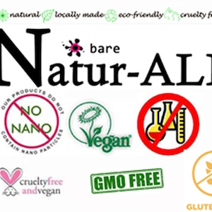 May include: The image features the text "Natur-ALL" in a bold, black font, with several supporting icons. These include "No Nano," "Vegan," "Cruelty-free and Vegan," "GMO FREE," and "Gluten Free." Additional text indicates the products are natural, locally made, and eco-friendly.