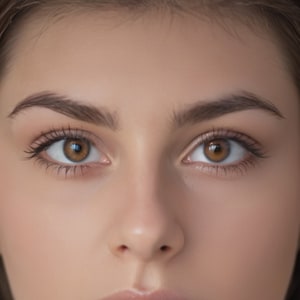 May include: Close-up of a person's face, focusing on the eyes. The eyes are a warm brown color, with dark eyelashes and well-defined eyebrows. The skin tone is fair, with a natural, smooth appearance.