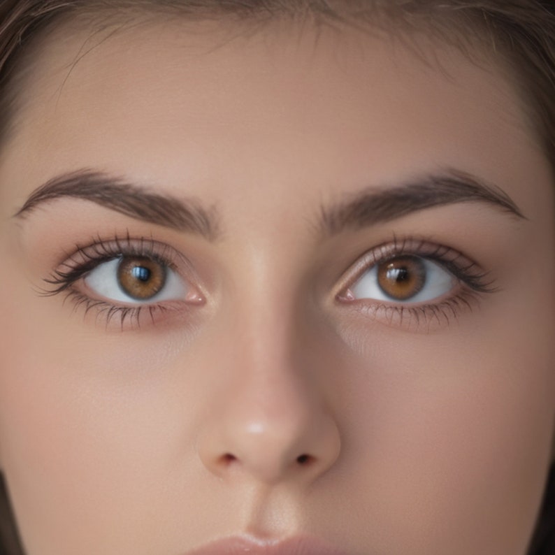 May include: Close-up of a person's face, focusing on the eyes. The eyes are a warm brown color, with dark eyelashes and well-defined eyebrows. The skin tone is fair, with a natural, smooth appearance.